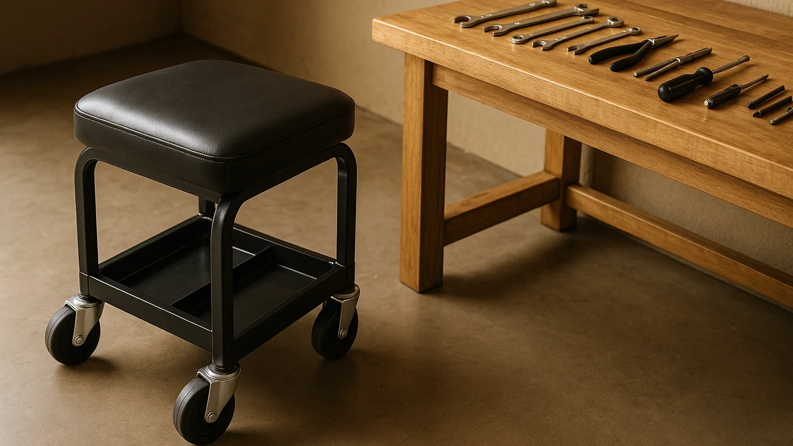 Rolling garage stool beside a clean workshop bench
